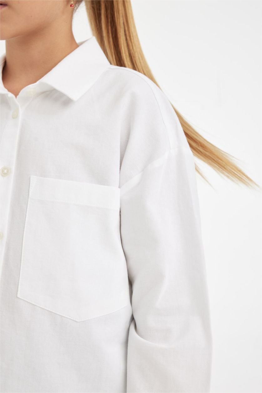 GIRLS & TEENS White قميص كم طويل أوكسفورد اوفر سايز