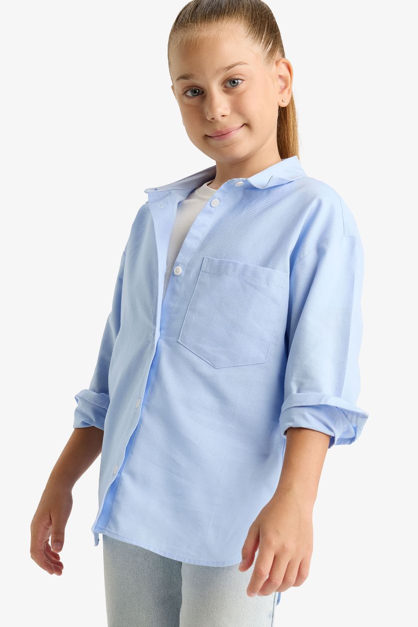 Kız Çocuk - Genç Kız Mavi Oversize Geniş Kalıp Poplin Uzun Kollu Basic Düz Okul Gömleği Kız Çocuk