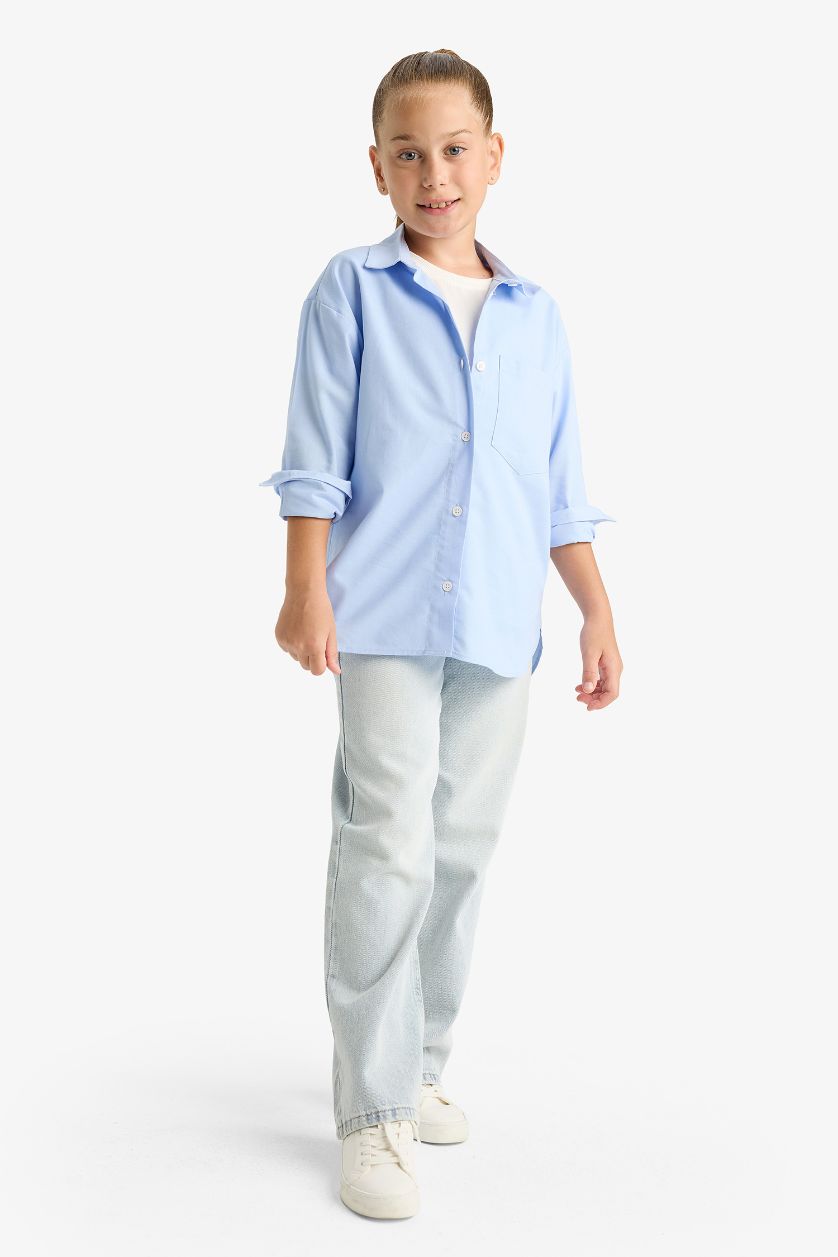Kız Çocuk - Genç Kız Mavi Oversize Geniş Kalıp Poplin Uzun Kollu Basic Düz Okul Gömleği Kız Çocuk
