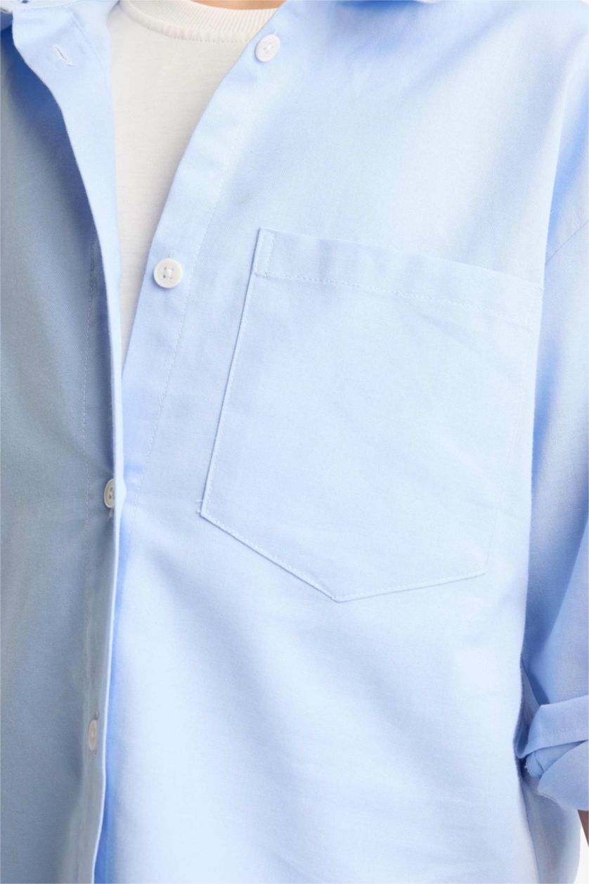 Kız Çocuk - Genç Kız Mavi Oversize Geniş Kalıp Poplin Uzun Kollu Basic Düz Okul Gömleği Kız Çocuk