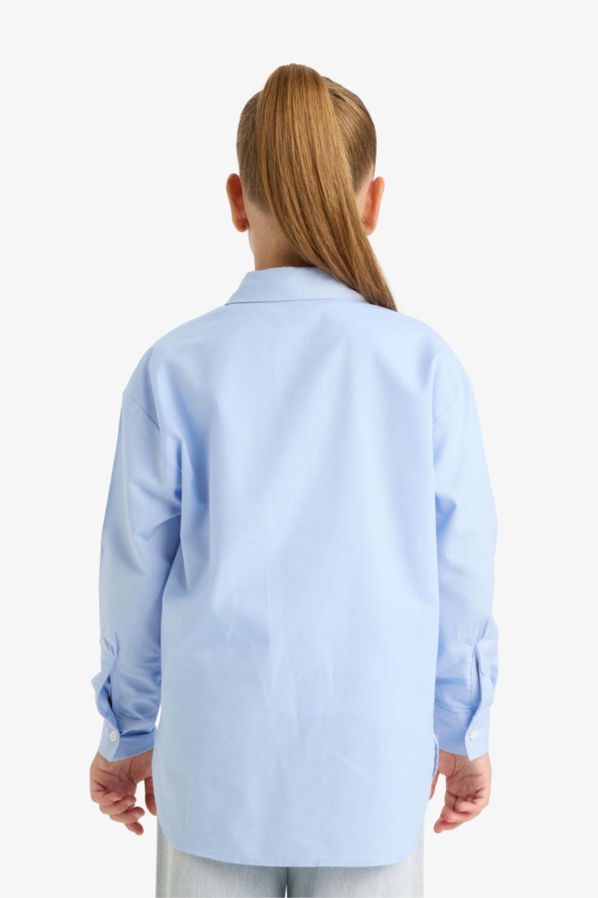 Kız Çocuk - Genç Kız Mavi Oversize Geniş Kalıp Poplin Uzun Kollu Basic Düz Okul Gömleği Kız Çocuk