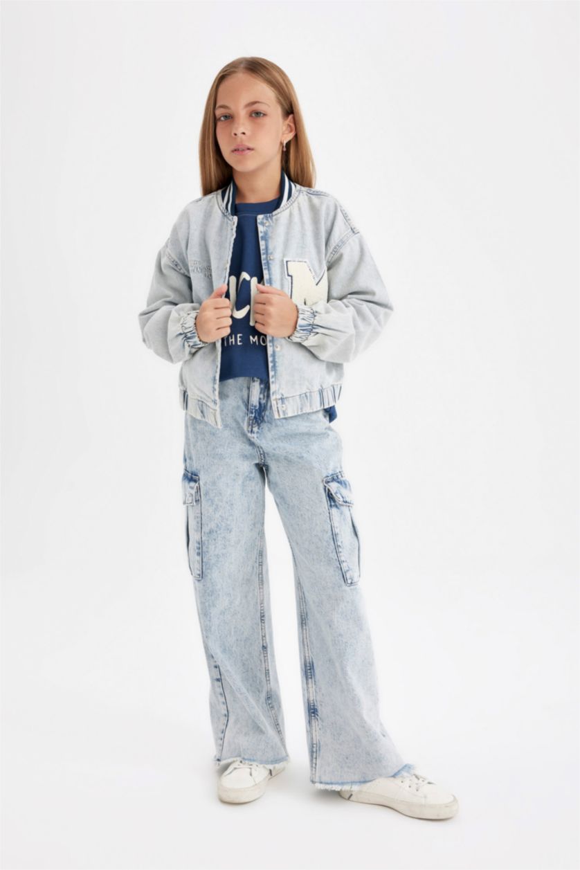 Kız Çocuk - Genç Kız Mavi Çıtçıtlı Cepli Mevsimlik Jean Bomber Ceket Kız Çocuk