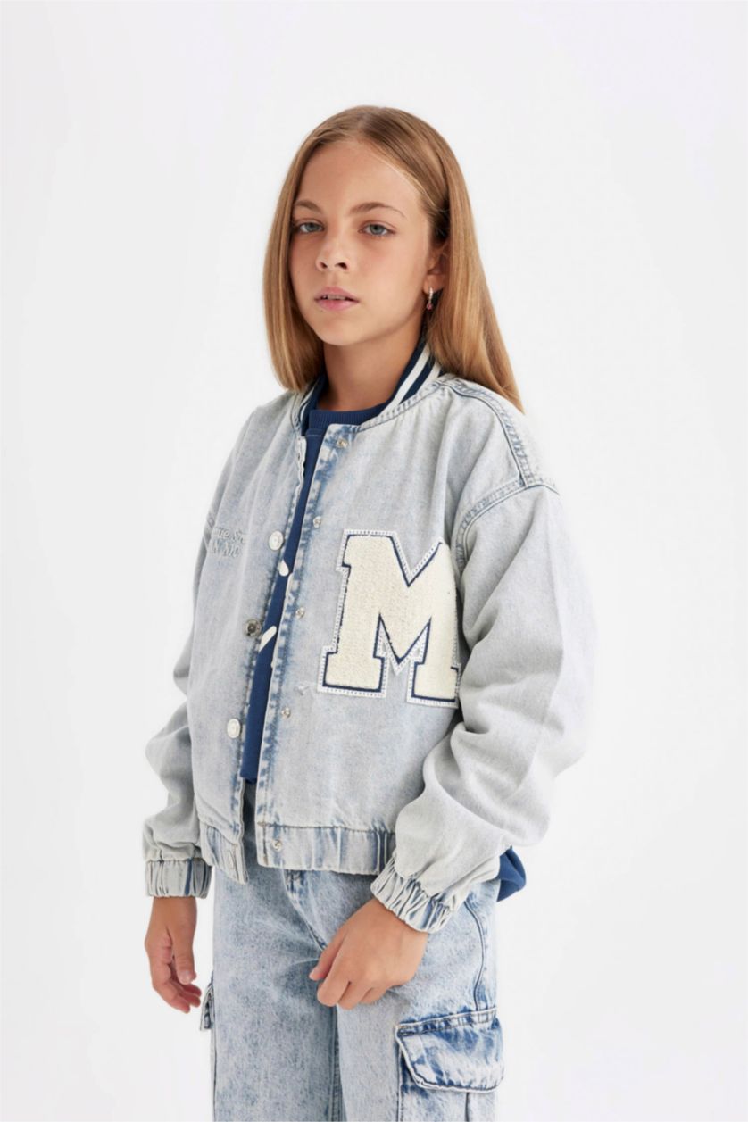 Kız Çocuk - Genç Kız Mavi Çıtçıtlı Cepli Mevsimlik Jean Bomber Ceket Kız Çocuk