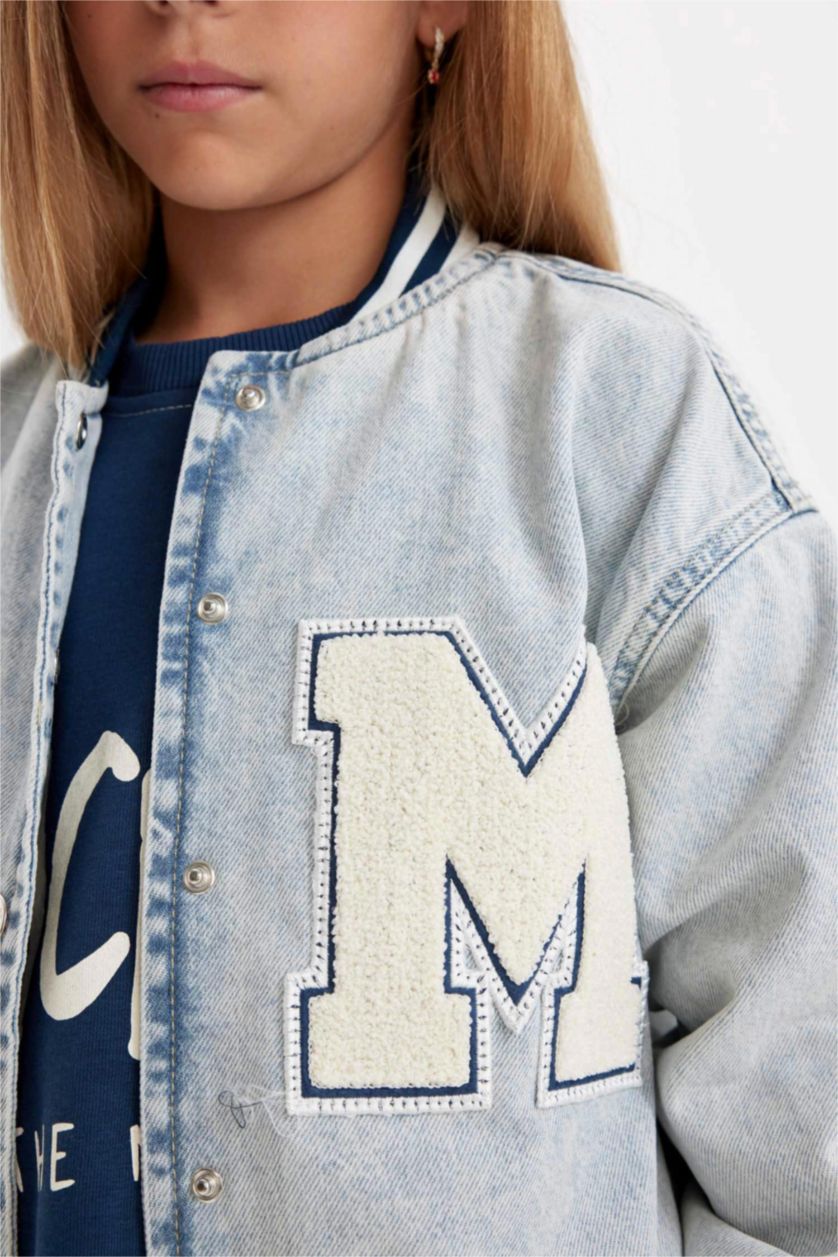 Kız Çocuk - Genç Kız Mavi Çıtçıtlı Cepli Mevsimlik Jean Bomber Ceket Kız Çocuk