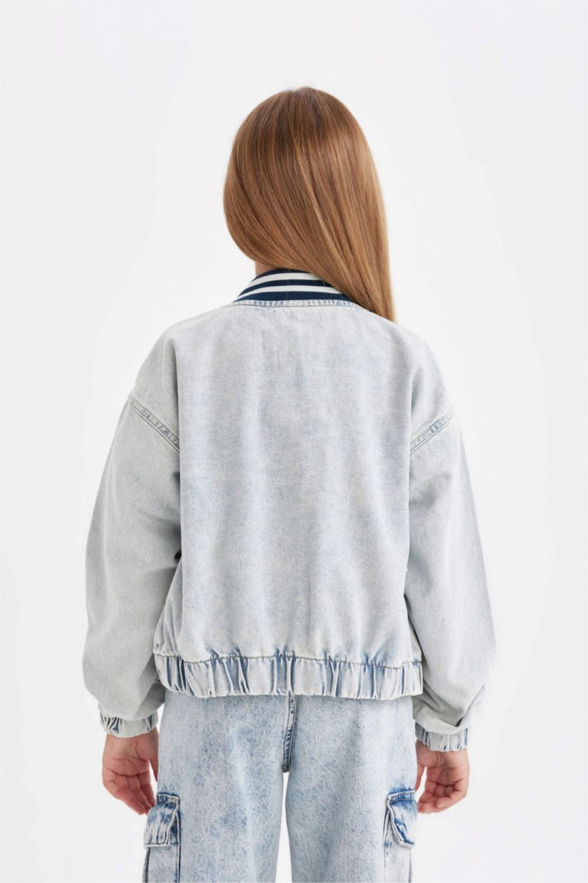 Kız Çocuk - Genç Kız Mavi Çıtçıtlı Cepli Mevsimlik Jean Bomber Ceket Kız Çocuk