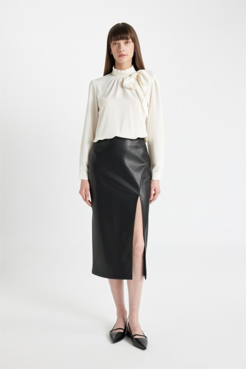 Woman Black Pencil Skirt Faux Leather Maxi Knitted Skirt