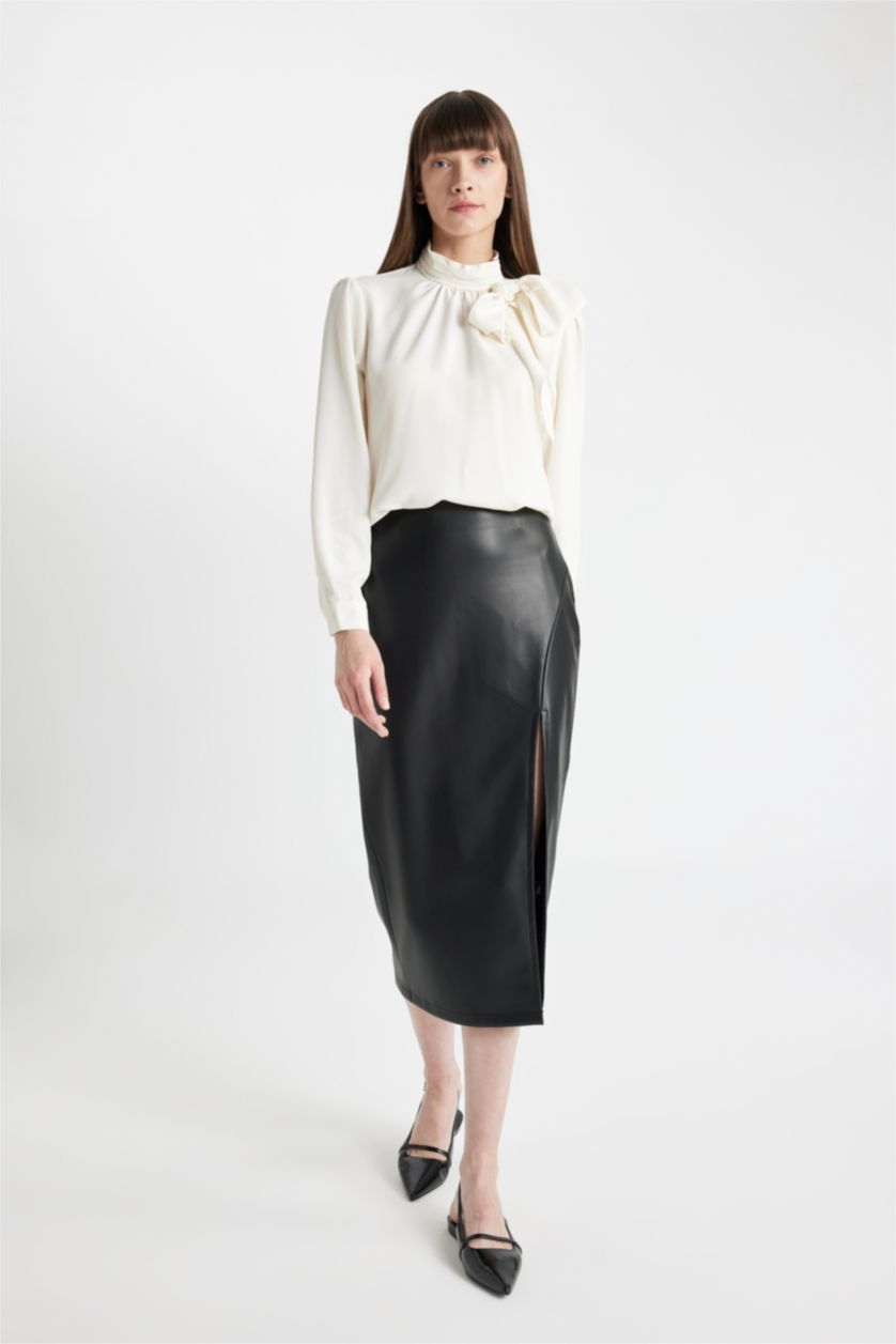 Woman Black Pencil Skirt Faux Leather Maxi Knitted Skirt