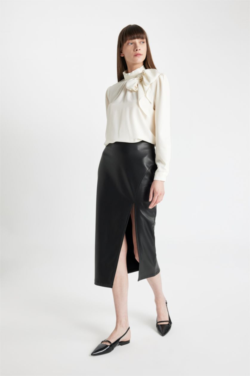 Woman Black Pencil Skirt Faux Leather Maxi Knitted Skirt