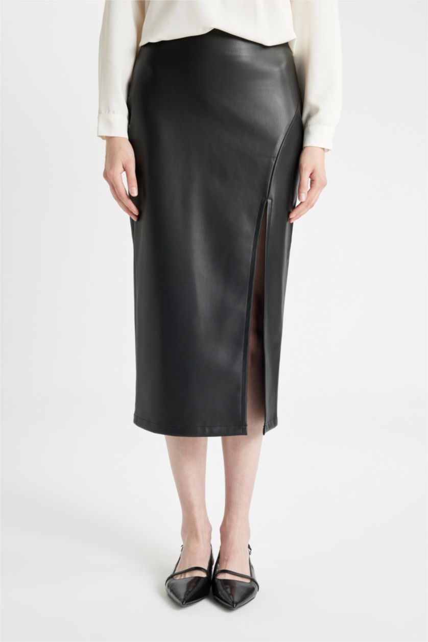 Woman Black Pencil Skirt Faux Leather Maxi Knitted Skirt