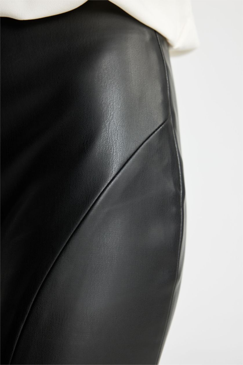 Woman Black Pencil Skirt Faux Leather Maxi Knitted Skirt