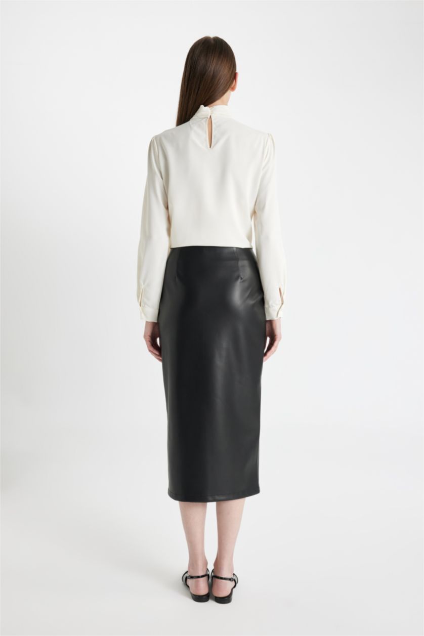 Woman Black Pencil Skirt Faux Leather Maxi Knitted Skirt