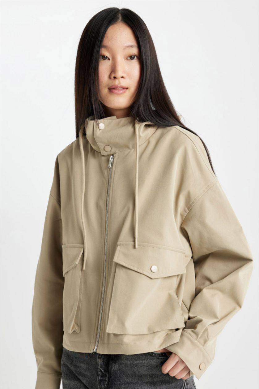 FEMME Écru Manteau imperméable à Capuche coupe régulière avec poches et fermeture éclair