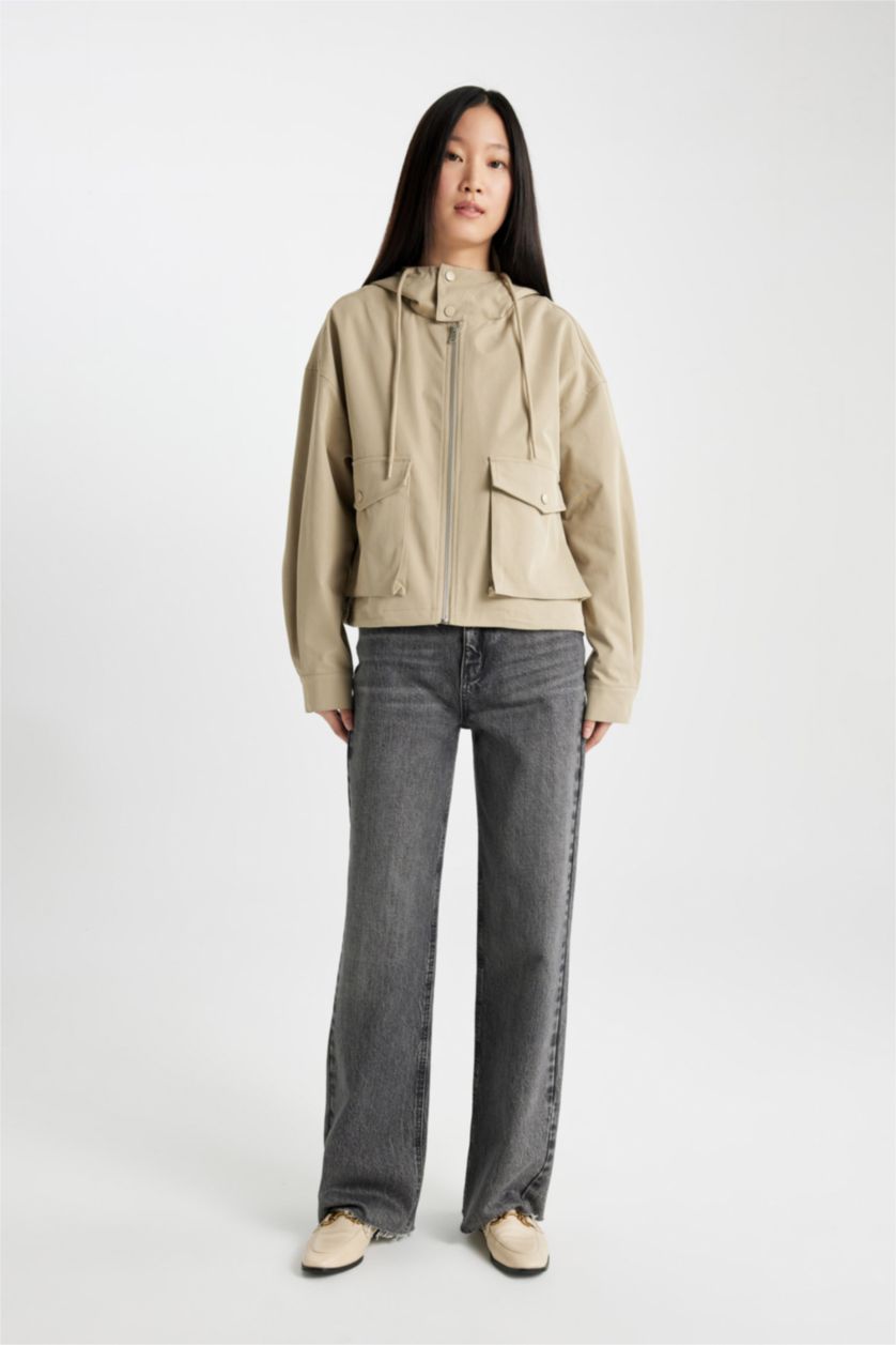 FEMME Écru Manteau imperméable à Capuche coupe régulière avec poches et fermeture éclair