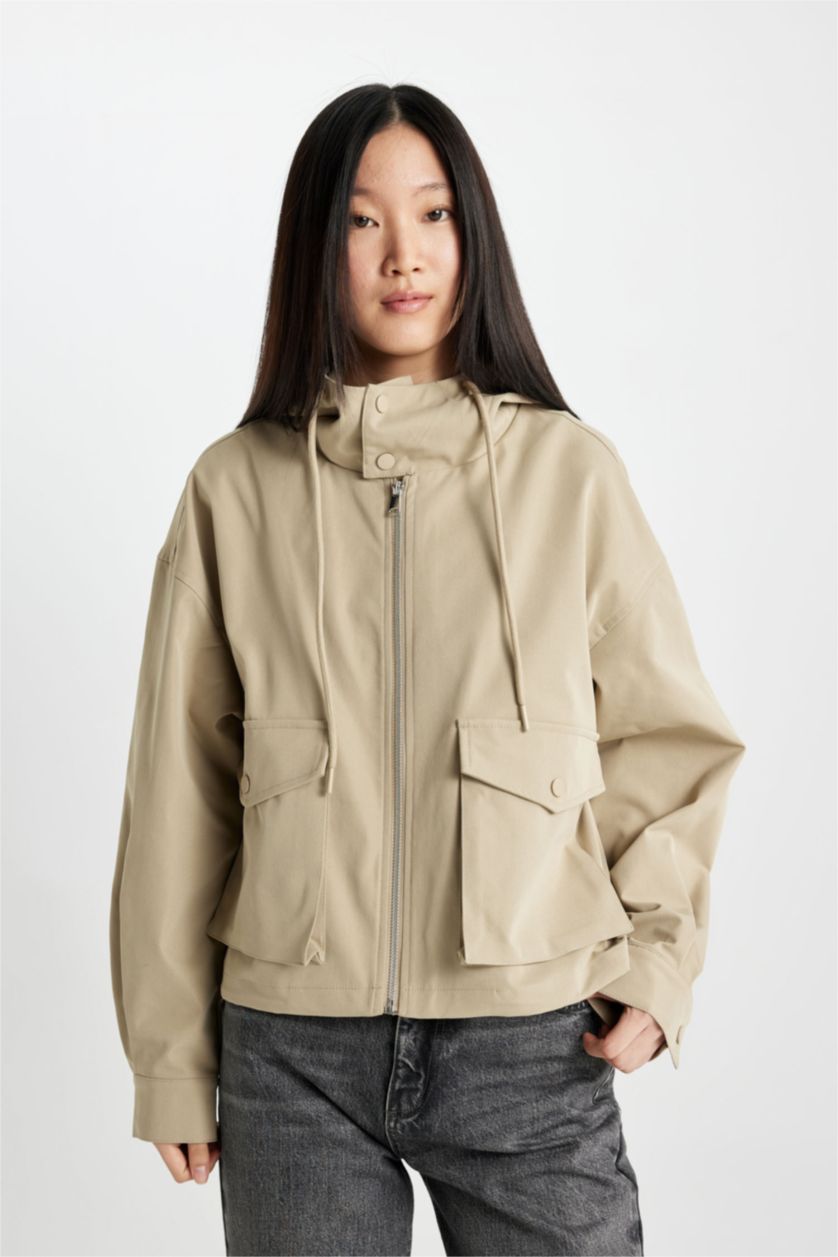 FEMME Écru Manteau imperméable à Capuche coupe régulière avec poches et fermeture éclair