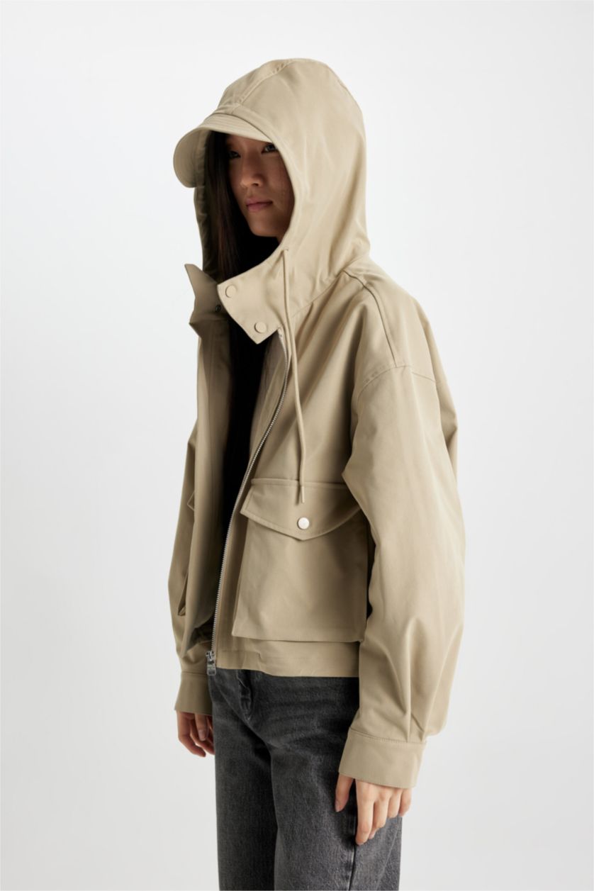 FEMME Écru Manteau imperméable à Capuche coupe régulière avec poches et fermeture éclair