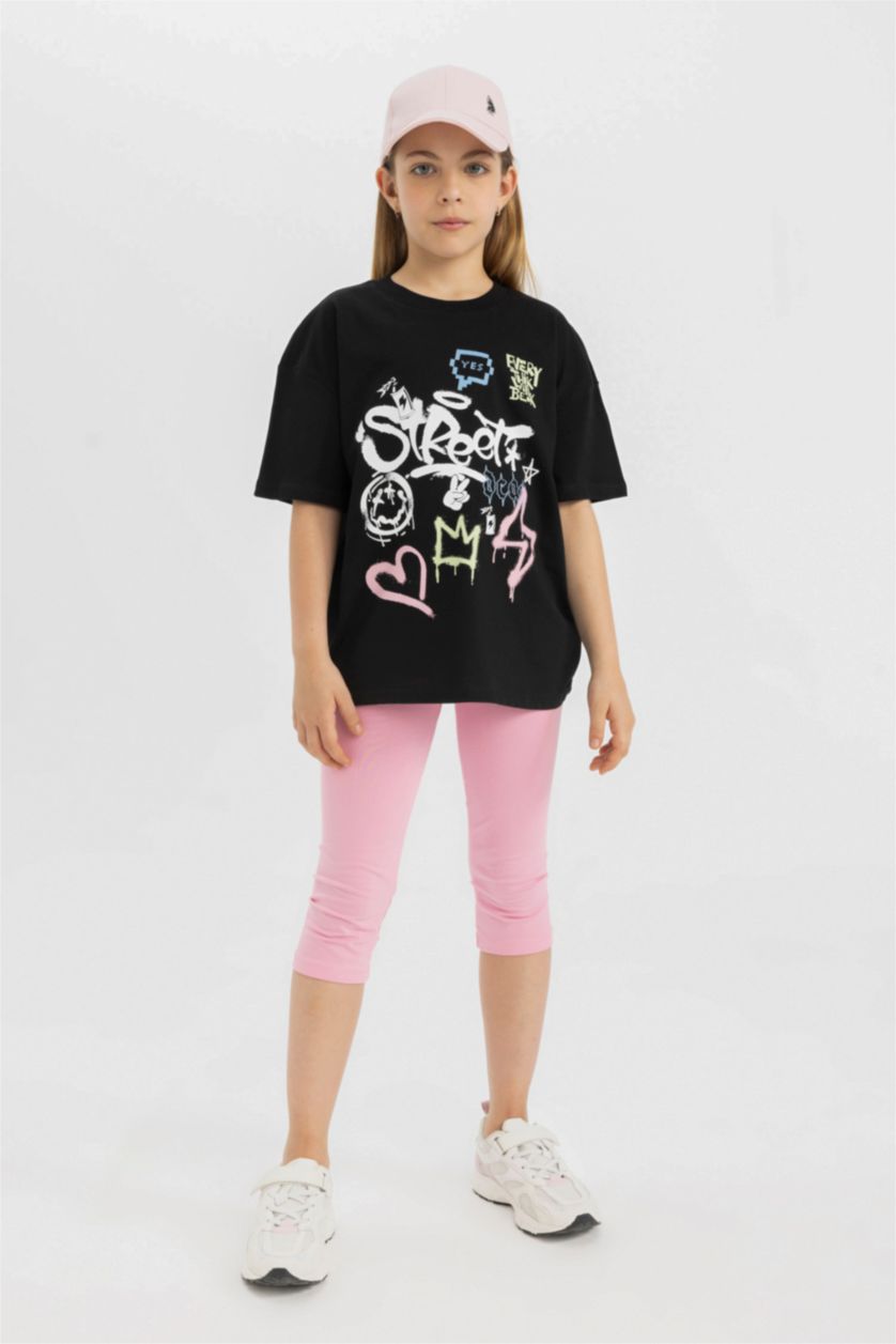 FILLES Noir Ensemble T-shirt imprimé à col rond et Short pour fille
