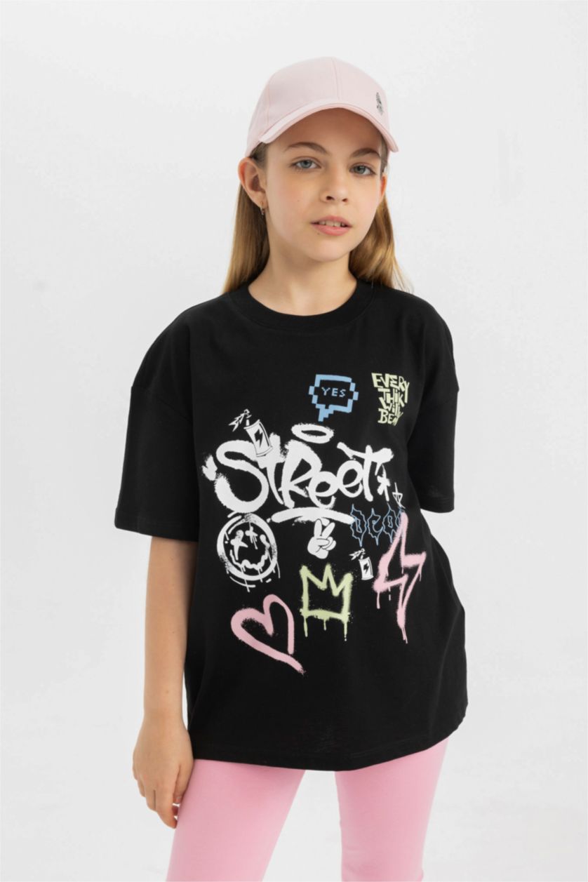 FILLES Noir Ensemble T-shirt imprimé à col rond et Short pour fille