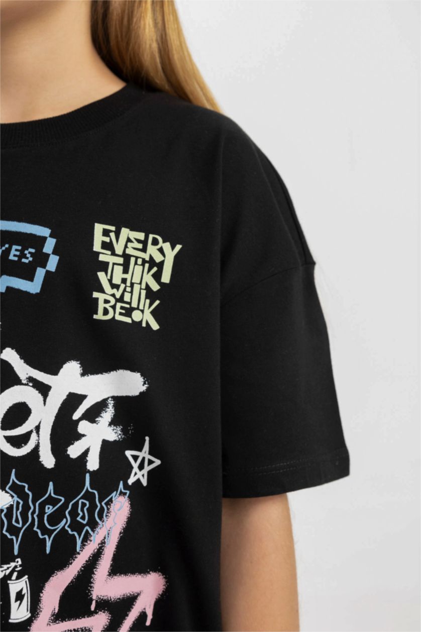 FILLES Noir Ensemble T-shirt imprimé à col rond et Short pour fille