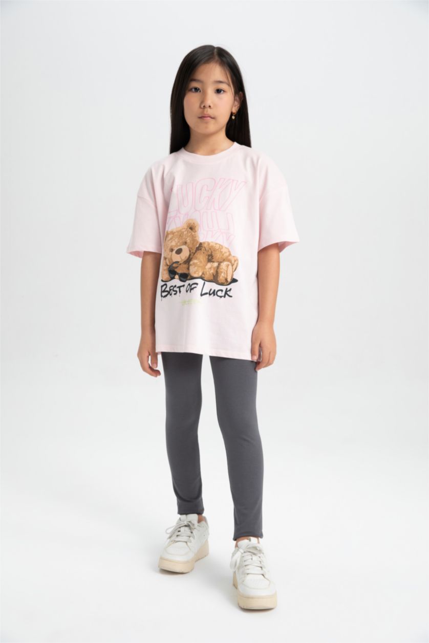 GIRLS & TEENS Light Pink Girl Teddy Bear Printed T-Shirt Long Leggings 2 Piece Set