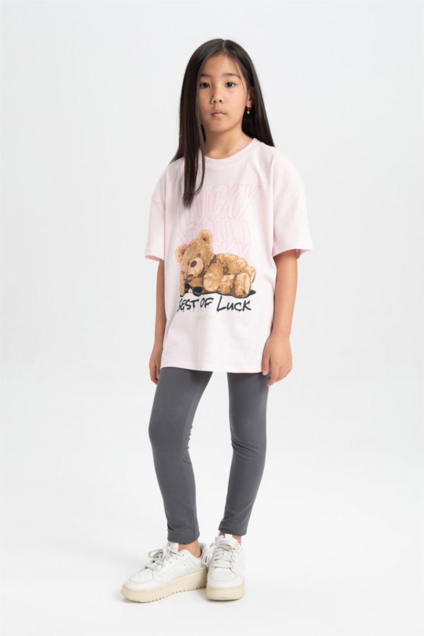 GIRLS & TEENS Light Pink Girl Teddy Bear Printed T-Shirt Long Leggings 2 Piece Set