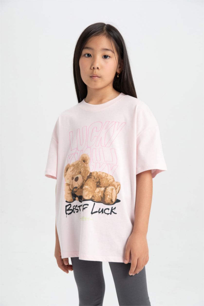 GIRLS & TEENS Light Pink Girl Teddy Bear Printed T-Shirt Long Leggings 2 Piece Set