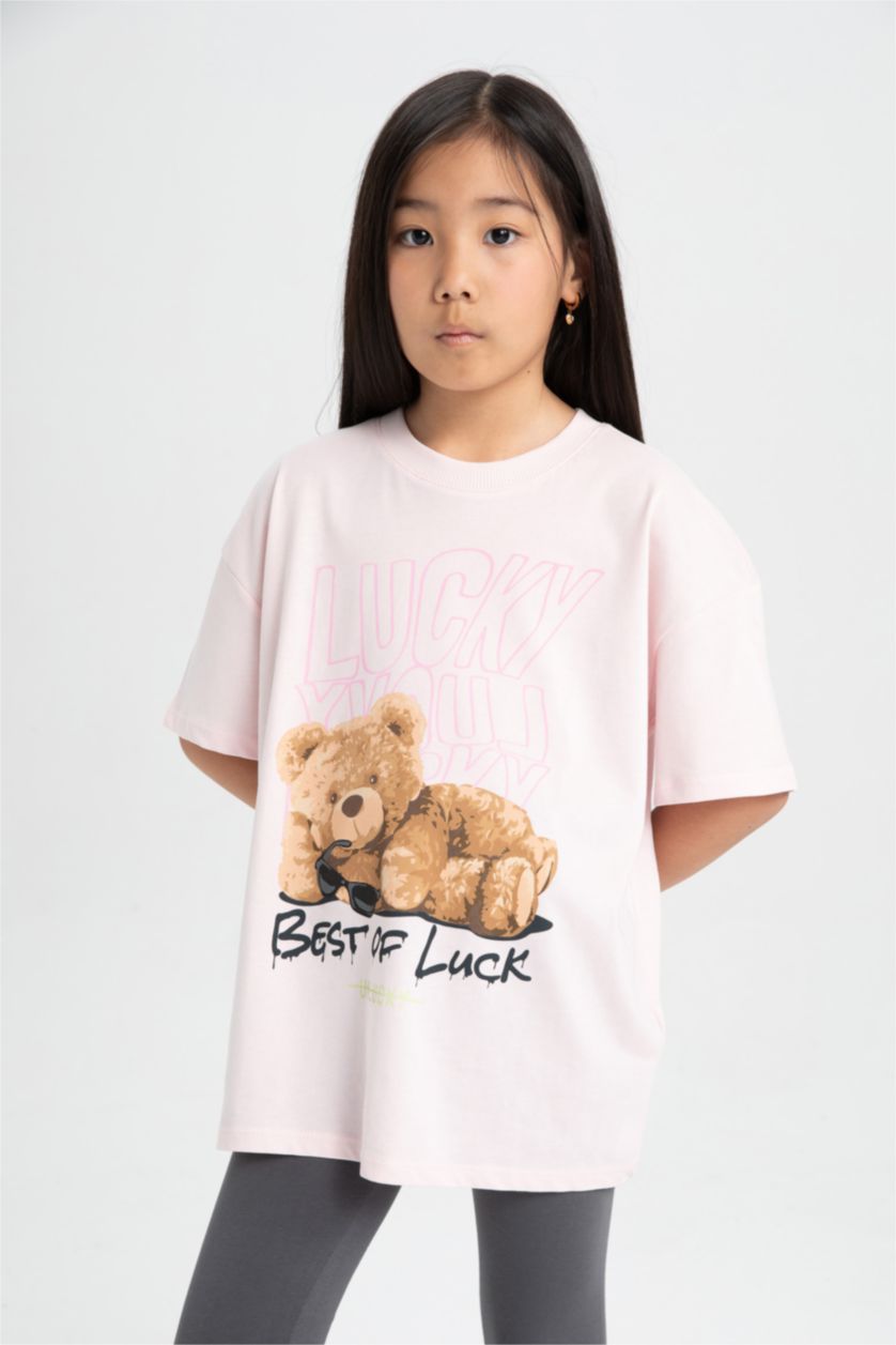 GIRLS & TEENS Light Pink Girl Teddy Bear Printed T-Shirt Long Leggings 2 Piece Set