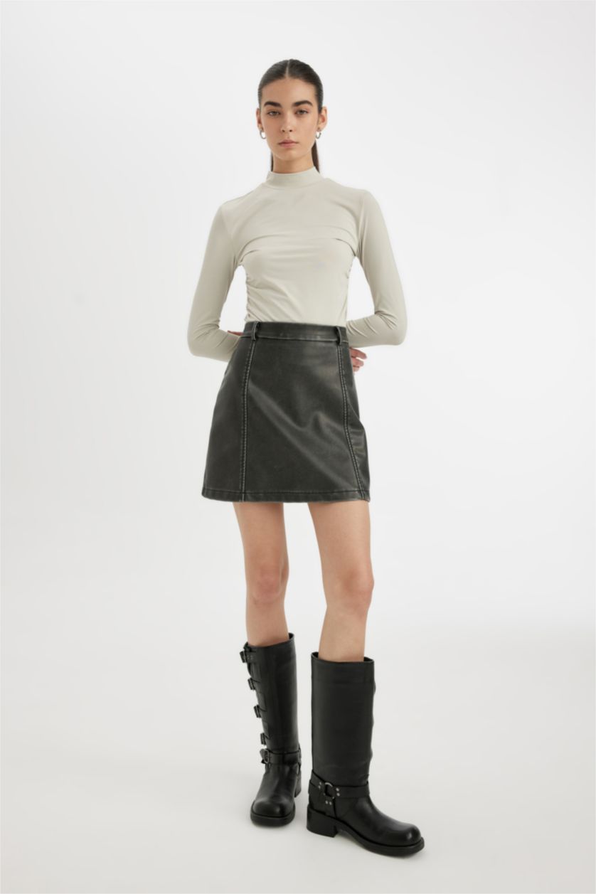 Woman Anthracite Coool A Cut Faux Leather Mini Knitted Skirt