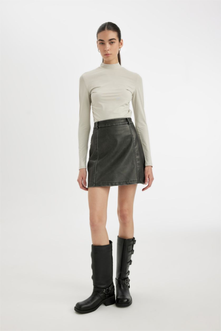 Woman Anthracite Coool A Cut Faux Leather Mini Knitted Skirt