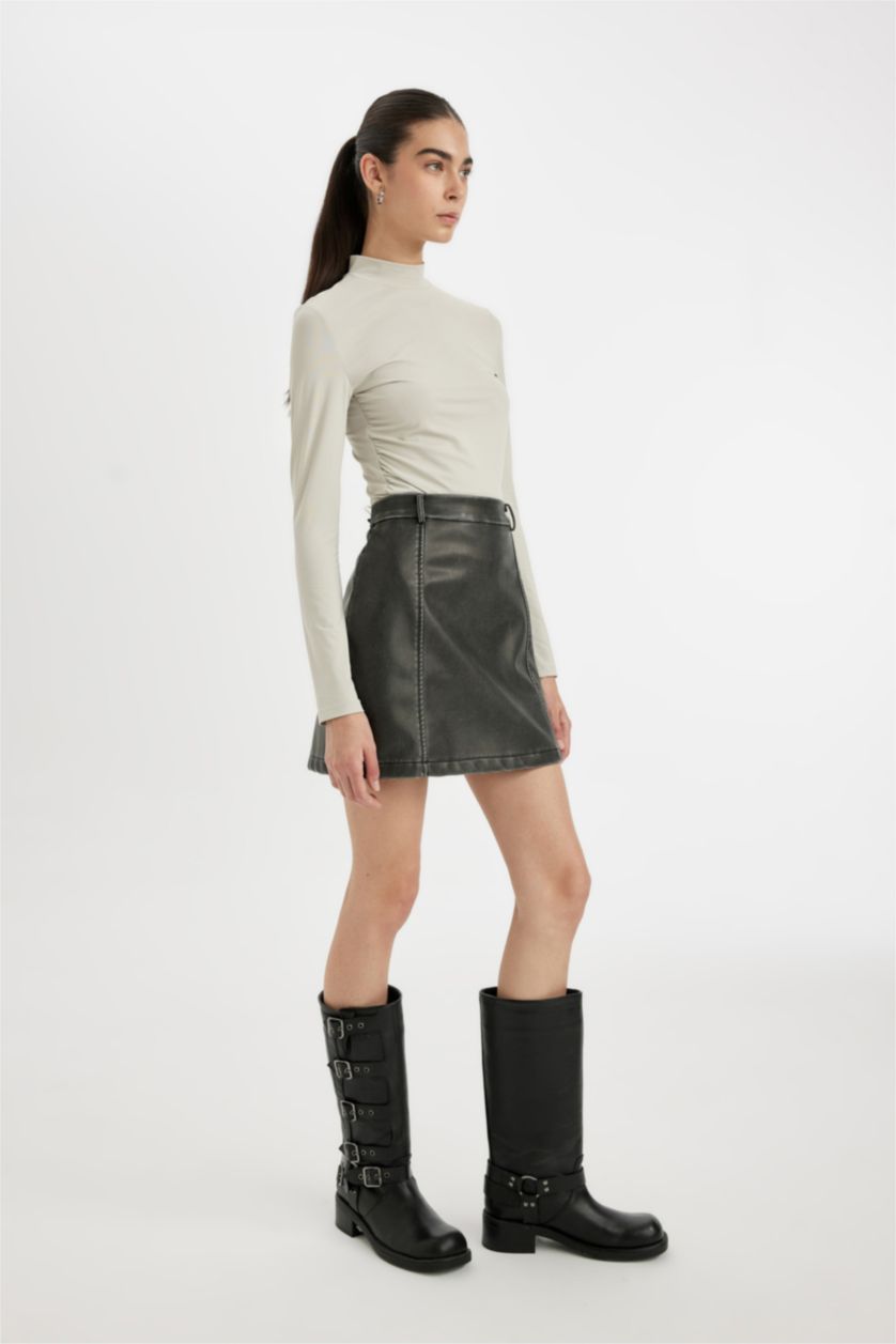 Woman Anthracite Coool A Cut Faux Leather Mini Knitted Skirt
