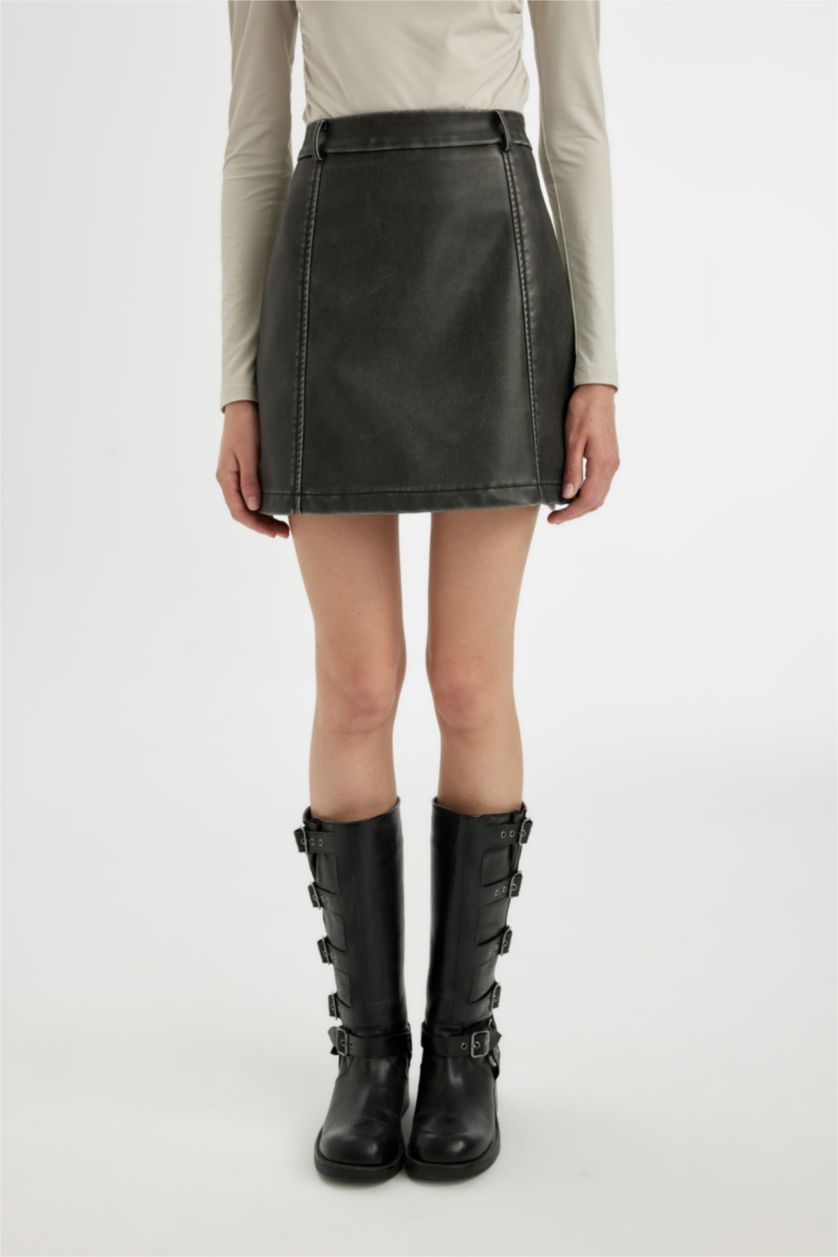 Woman Anthracite Coool A Cut Faux Leather Mini Knitted Skirt