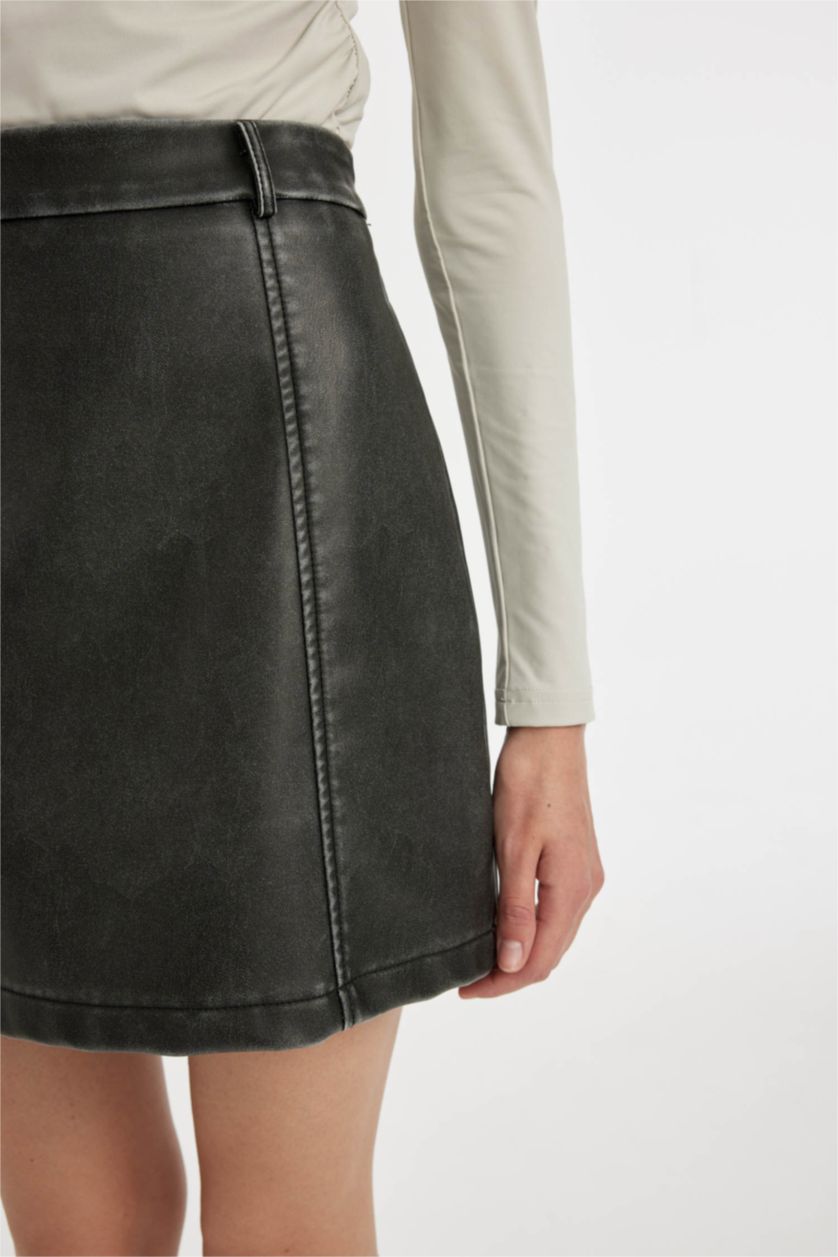 Woman Anthracite Coool A Cut Faux Leather Mini Knitted Skirt