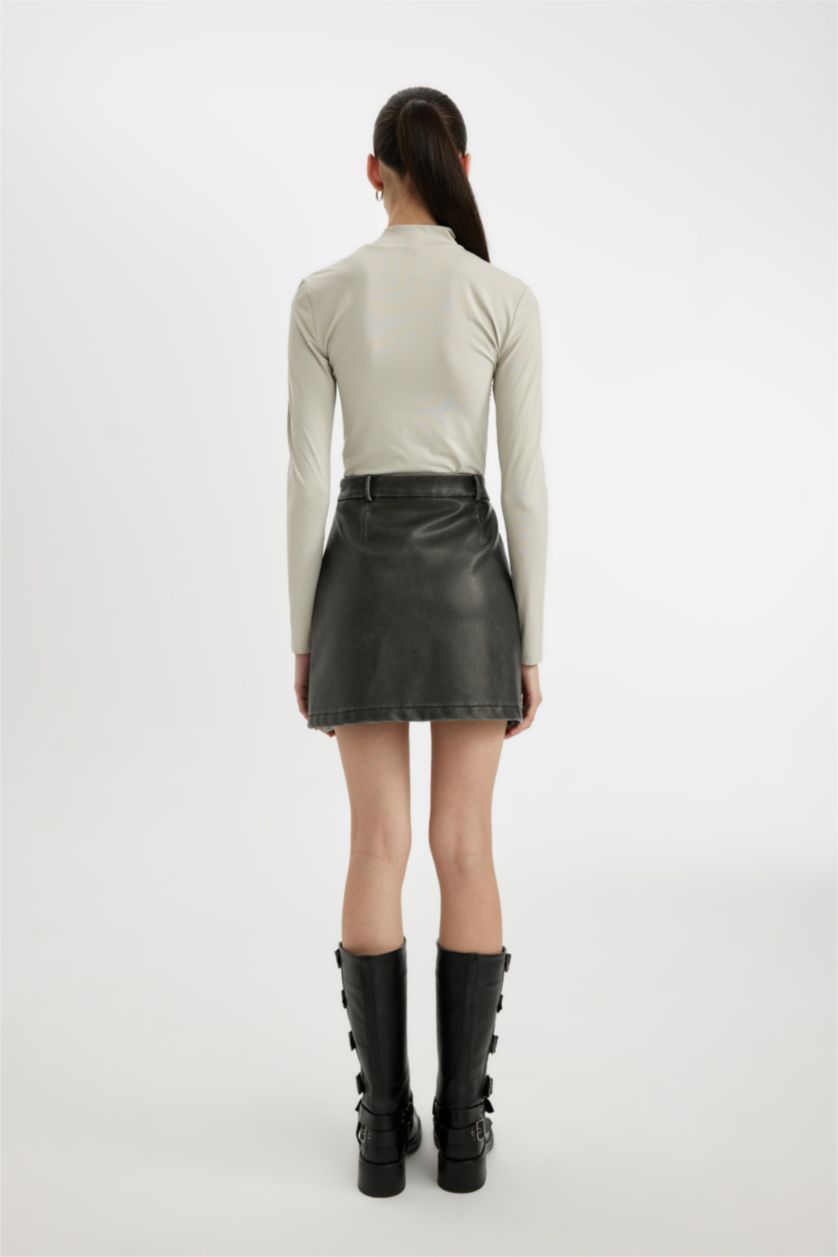 Woman Anthracite Coool A Cut Faux Leather Mini Knitted Skirt