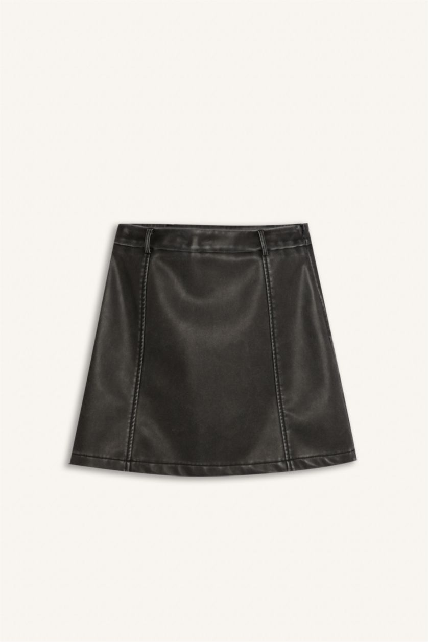 Woman Anthracite Coool A Cut Faux Leather Mini Knitted Skirt
