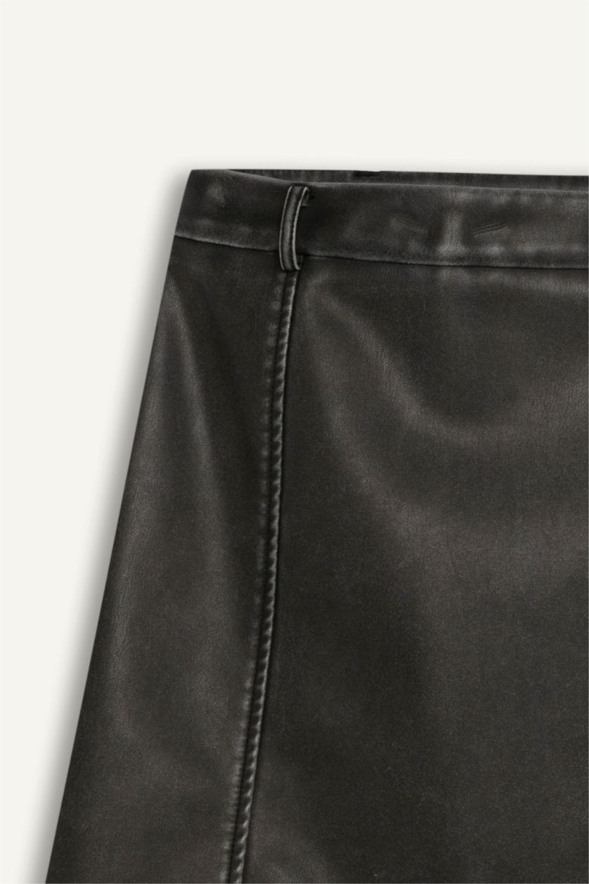 Woman Anthracite Coool A Cut Faux Leather Mini Knitted Skirt