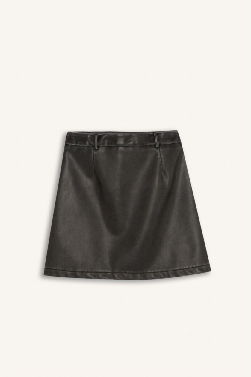 Woman Anthracite Coool A Cut Faux Leather Mini Knitted Skirt