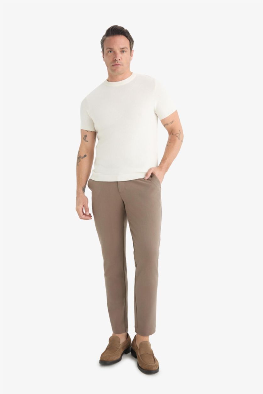 Erkek Açık Kahve Tailored Fit Düz Paça Her Yöne Esneyen Yumuşak Tuşe Cepli Pantolon