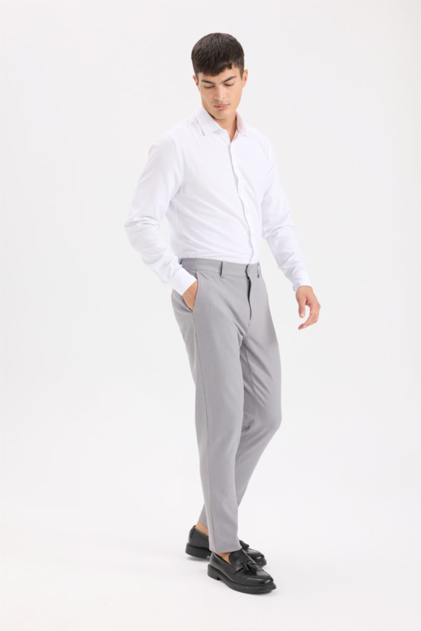 Men Grey Melange Tailored Fit Straight Leg Stretch Trousers