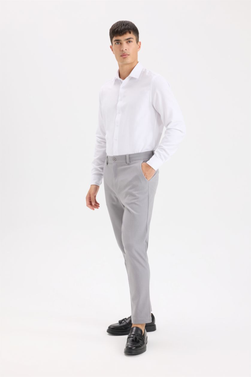 Men Grey Melange Tailored Fit Straight Leg Stretch Trousers