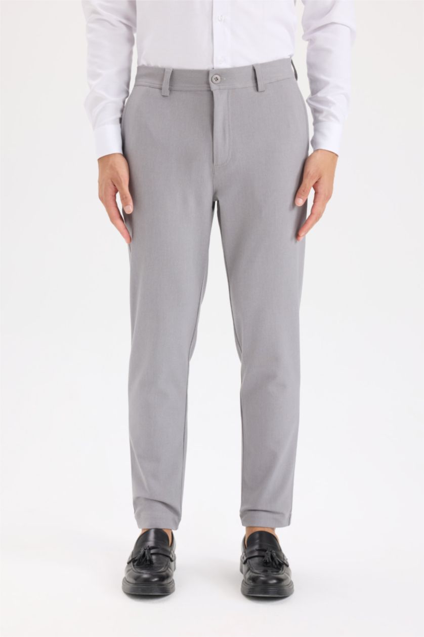 Men Grey Melange Tailored Fit Straight Leg Stretch Trousers