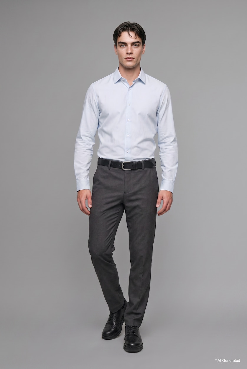 Men Anthracite Melange Fitted Stretch Straight Leg Pockets Trousers