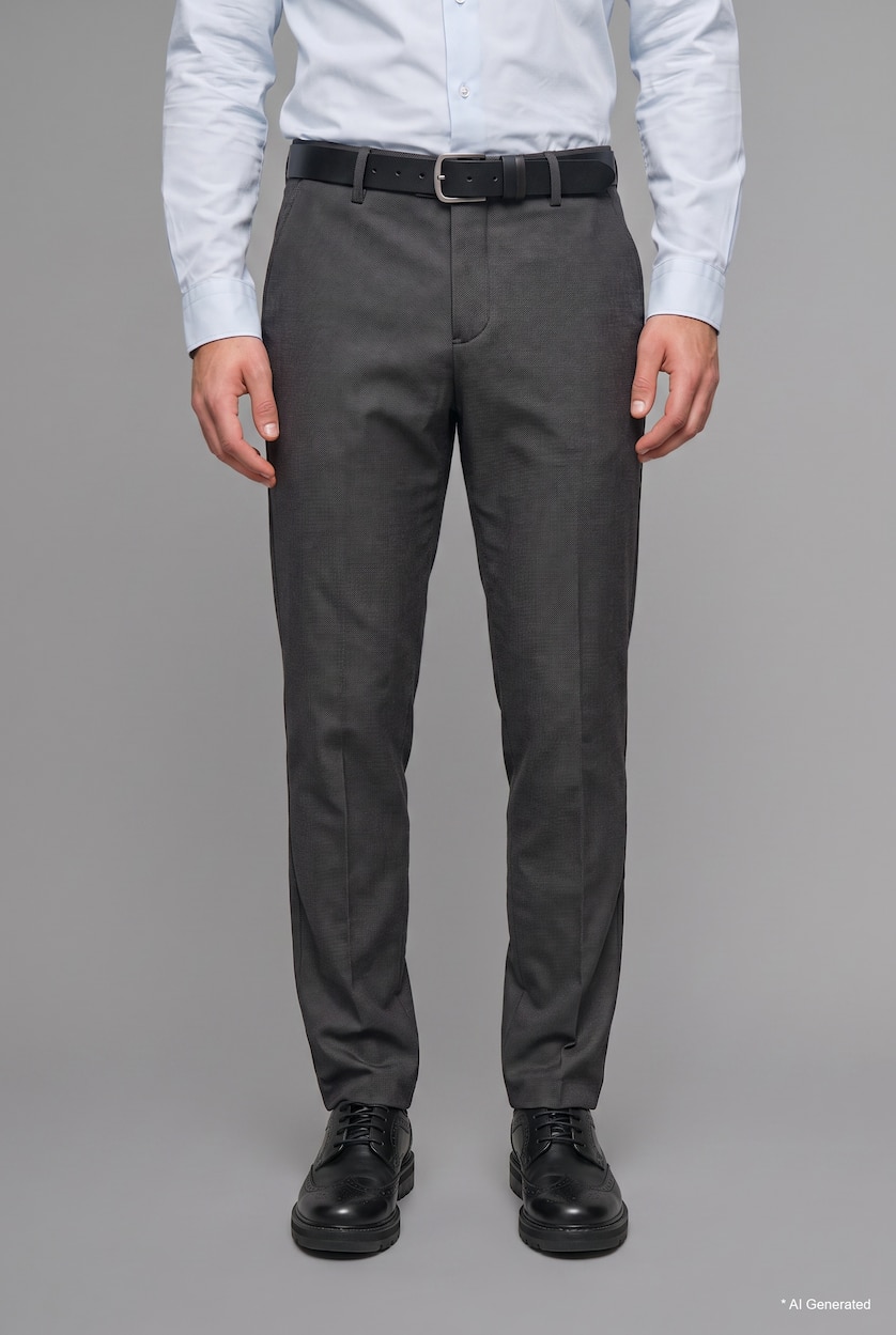 Men Anthracite Melange Fitted Stretch Straight Leg Pockets Trousers