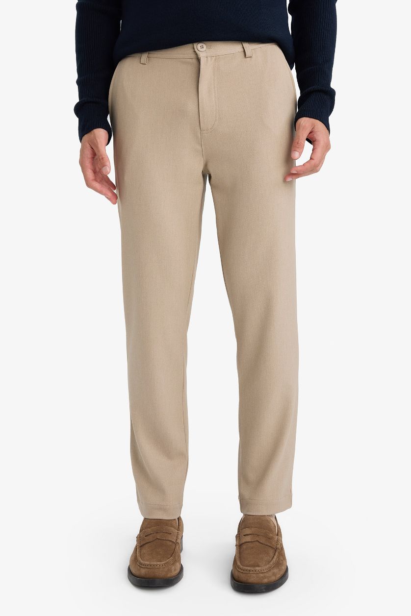 MAN Beige Melange Tailored Fit Straight Leg Stretch Trousers