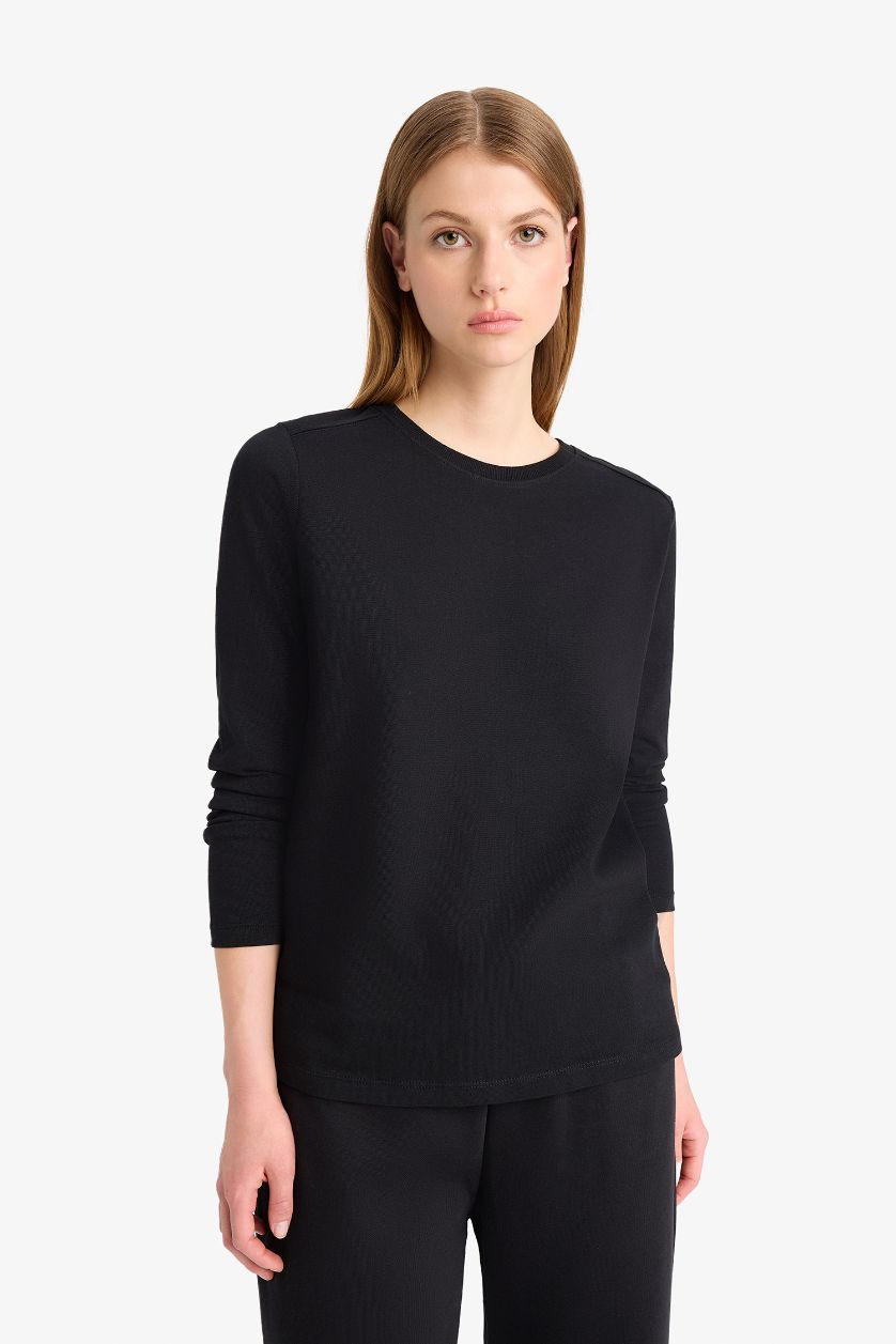 WOMAN Black Regular Fit Crew Neck Basic Premium Long Sleeve T-Shirt