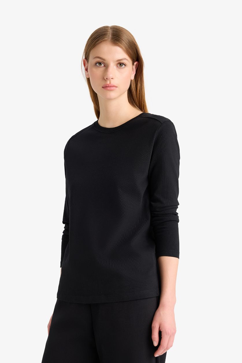 WOMAN Black Regular Fit Crew Neck Basic Premium Long Sleeve T-Shirt