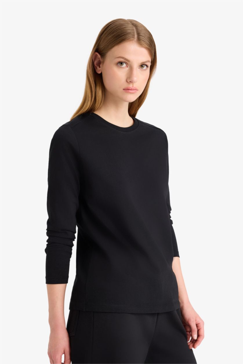 WOMAN Black Regular Fit Crew Neck Basic Premium Long Sleeve T-Shirt