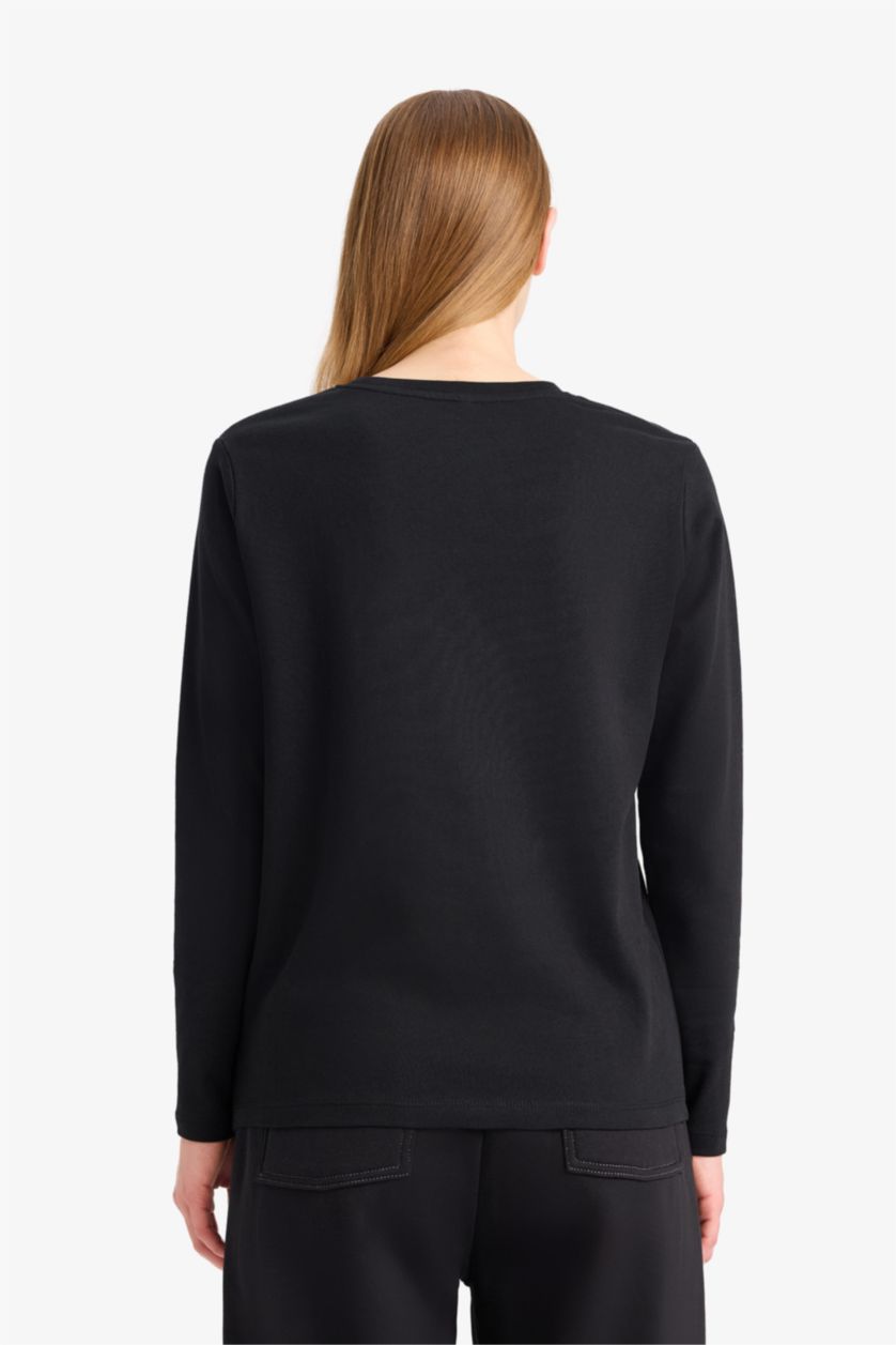 WOMAN Black Regular Fit Crew Neck Basic Premium Long Sleeve T-Shirt