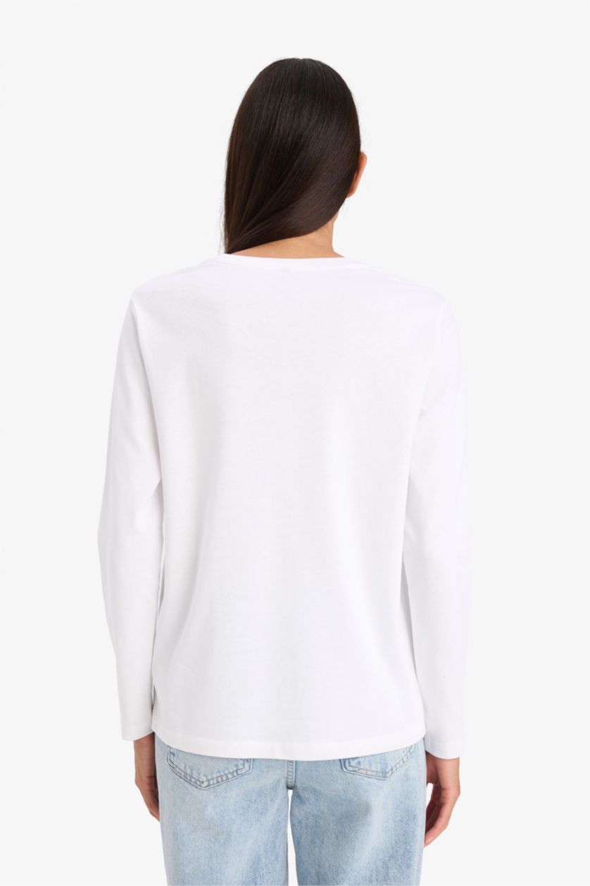 WOMAN White Regular Fit Crew Neck Basic Premium Long Sleeve T-Shirt