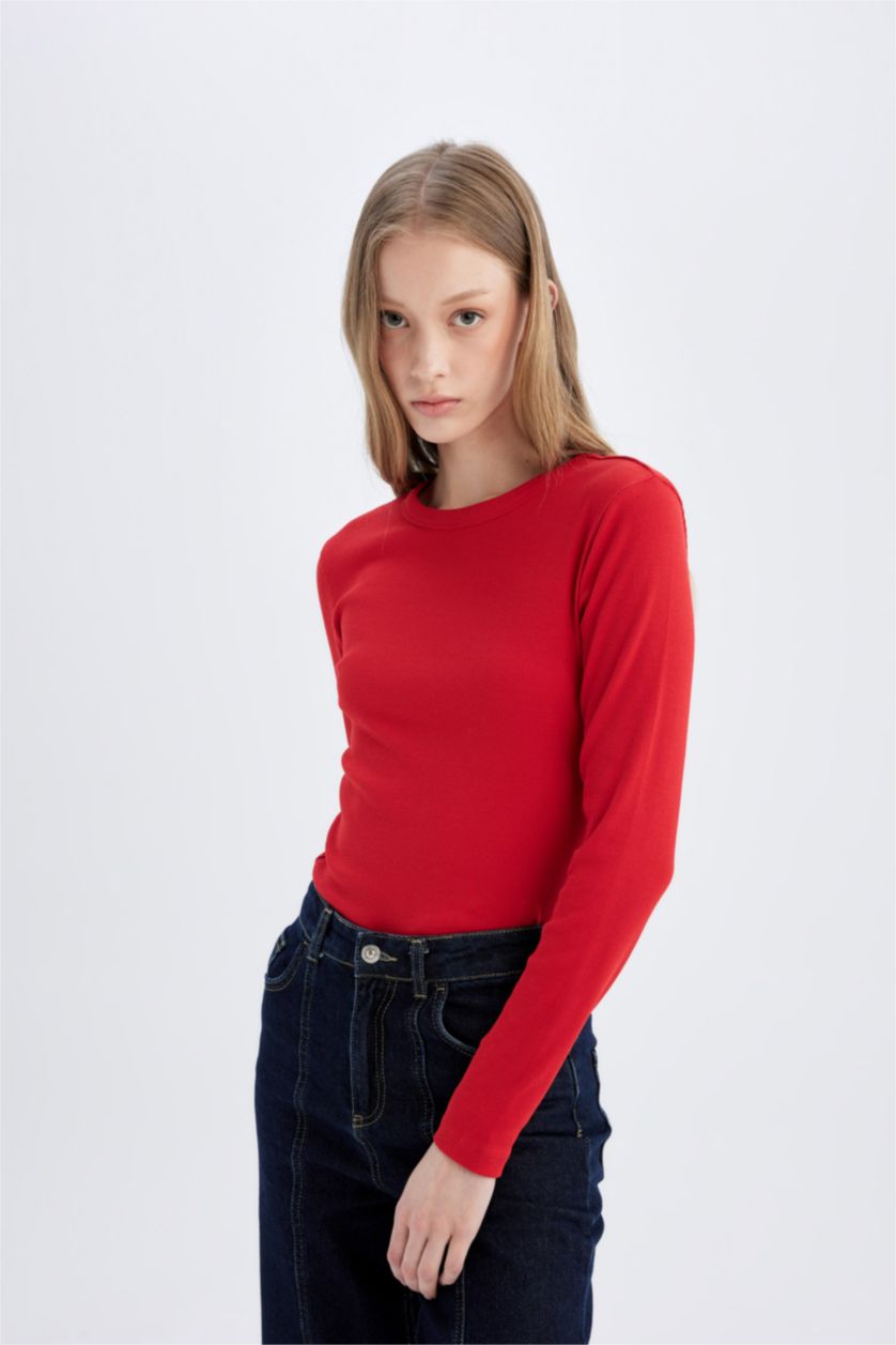 WOMAN Red Slim Fit Ribbed Camisole Basic Long Sleeve T-Shirt