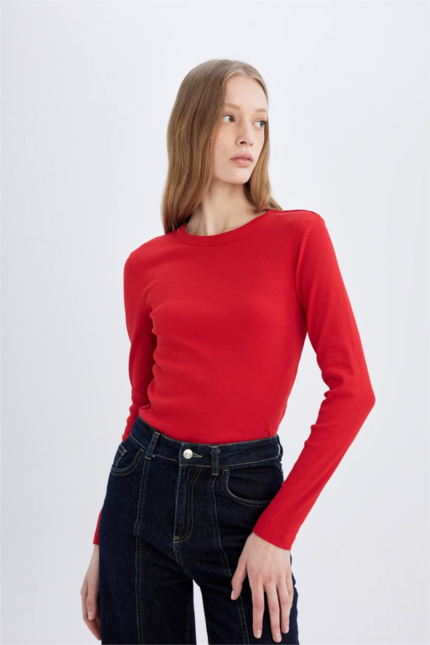 WOMAN Red Slim Fit Ribbed Camisole Basic Long Sleeve T-Shirt
