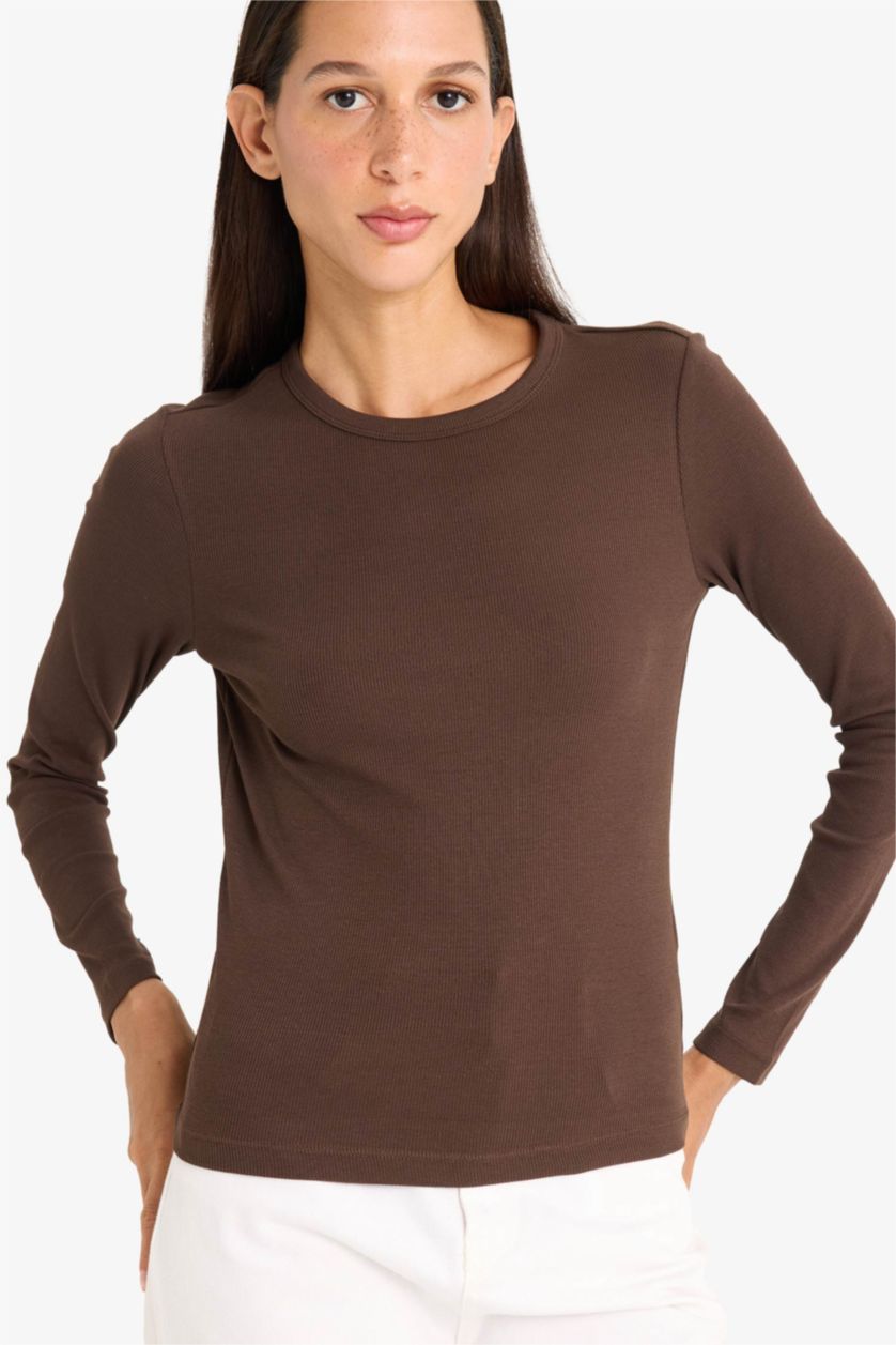 WOMAN Brown Slim Fit Crew Neck Basic Ribbed Camisole T-Shirt